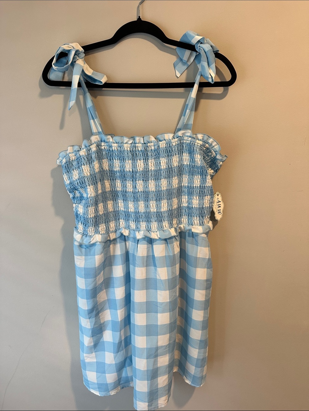 Smocked Gingham Mini Dress in Light Blue and White